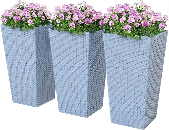Outsunny Tall Planters for Outdoor Plants Set of 3, 24 in Taper Planters with Drainage Holes, Rattan Decor Plant Pots for Indoor Outdoor Front Porch Patio Backyard, Light Gray