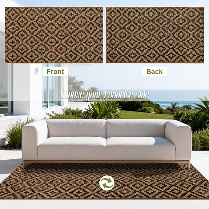 SAND MINE Reversible Mats, Plastic Straw Rug, Modern Area Rug, Large Floor Mat and Rug for Outdoors, RV, Patio, Backyard, Deck, Picnic, Beach, Trailer, Camping, Black & Brown, 3' x 5'