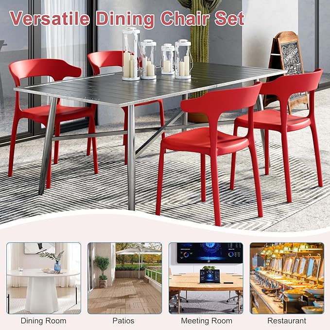 VECELO 4 Pack Plastic Stacking Chairs, Stackable Dining Chairs for Kitchen Restaurant Patio, Portable Indoor Outdoor Use, No Assembly Required, Red