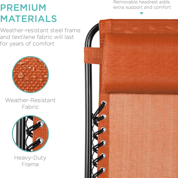 Best Choice Products Set of 2 Adjustable Steel Mesh Zero Gravity Lounge Chair Recliners w/Pillows and Cup Holder Trays - Burnt Orange