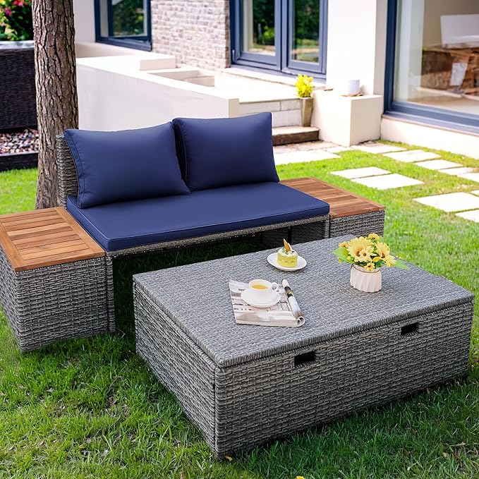 Flamaker Outdoor Rattan Lounge Chair with 2 Side Tables, Multifunctional Outdoor Patio Daybed with Footrest, Cushions, Storage Ottoman,Chaise Lounge Chair for Backyard Porch Poolside(Deep Blue)