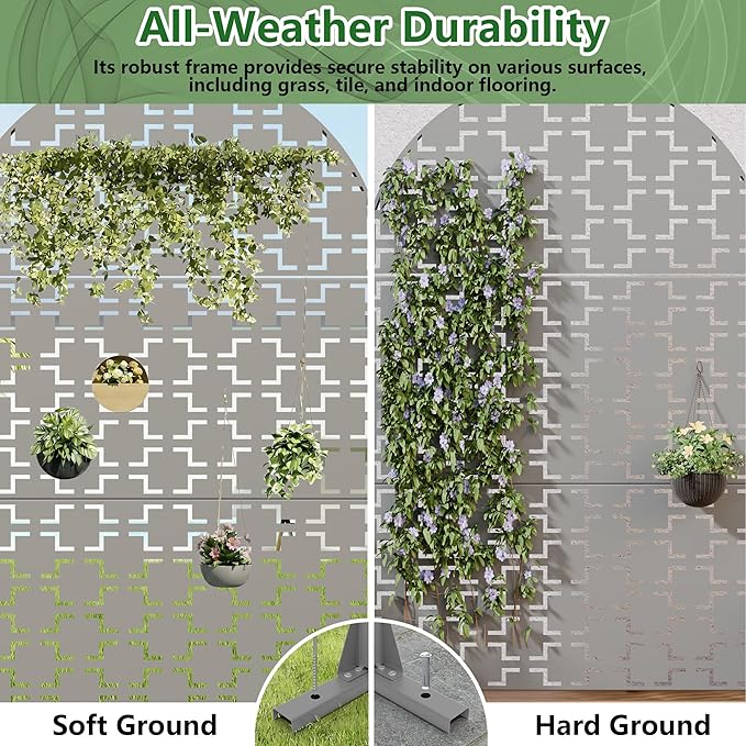 Casaphoria 72" H x 47" W Arched Metal Privacy Screen - Elegant Freestanding Outdoor Screen for Deck, Patio & Balcony - Versatile Decorative Privacy Panels for Home & Garden Use (Grey-Square)