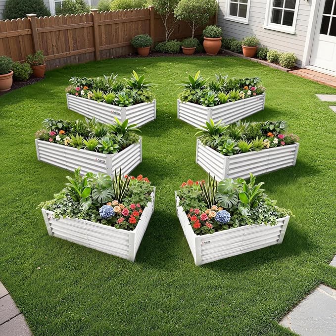 A ANLEOLIFE Set of 6, 18 Inch Tall Antique White Raised Garden Beds Kit, Rectangular & Square Planters for Organized Backyard Gardens