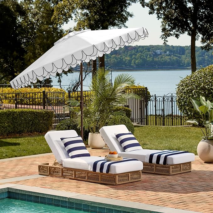 SAFAVIEH 9ft Outdoor Patio Umbrella, Round, Valance, Ivory & Black Trim, Auto Crank Tilt, UV Resistant for Deck, Backyard, Poolside (PAT8006E)