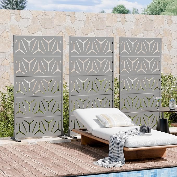 Casaphoria Metal Privacy Screen Outdoor, 60" H x 30" W Freestanding Decorative Privacy Screen for Patio Deck Balcony Garden with Stable Base, Grey-Star