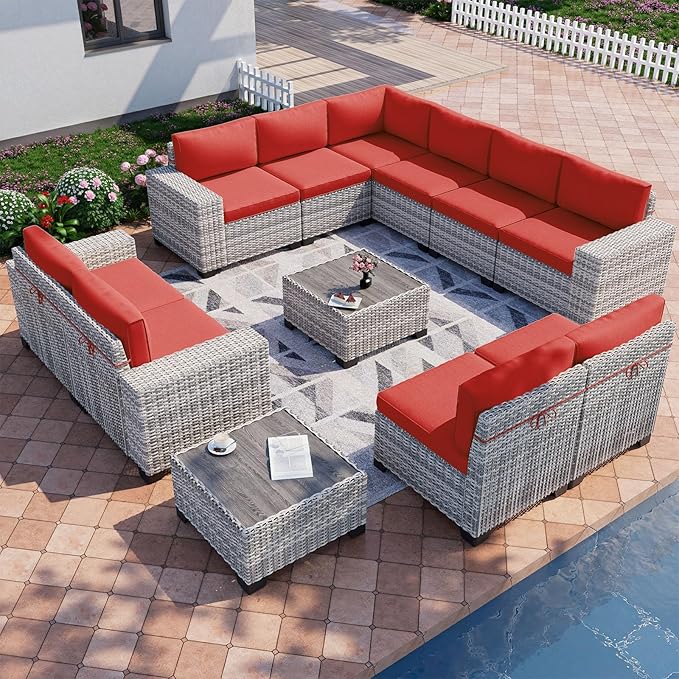 12-Piece Outdoor Patio Furniture Set Wicker Sectional Sofa Set, Patio Conversation Set with Thickened Cushions & Coffee Table for Garden, Backyard, Poolside, Red