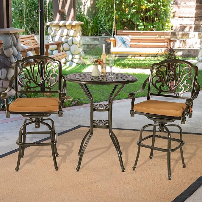 VIVIJASON 3-Piece Patio Swivel Bar Stools Set, All Weather Cast Aluminum Outdoor Bar Height Bistro Set with 2 Cushioned Bar Chairs & 31" High Bar Table w/Umbrella Hole for Backyard, Lawn, Garden
