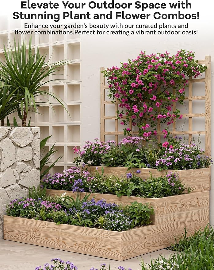 3-Tier Elevated Garden Planter, Wooden Vertical Raised Bed with Trellis & Drainage Base – Ideal for Climbing Plants, Flowers, Herbs, Vegetables – Outdoor Planter Box for Patio, Yard, or Lawn