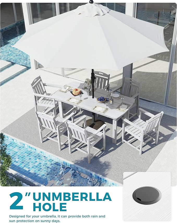 Ciokea HDPE Outdoor Dining Table with Umbrella Hole,66" Rectangle Patio Table for 6,All-Weather Outdoor Patio Furniture Set for Garden Backyard,White