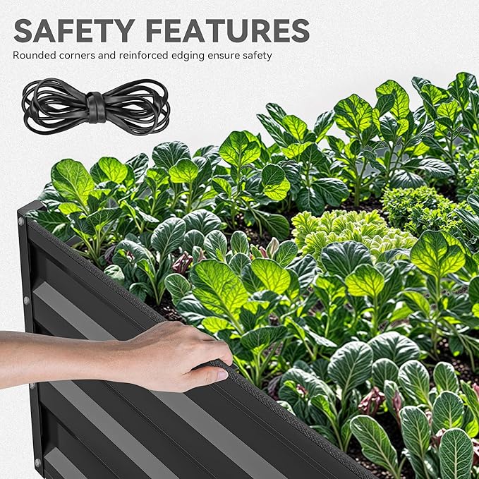 YITAHOME 144x48x12 in Galvanized Raised Garden Bed Kit, Large Metal Planter Box with Gloves, Safety Rubber & Support Rod, Outdoor Flower Bed for Plants Vegetables, Black