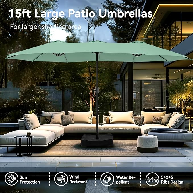 PHI VILLA 15ft Large Patio Umbrellas with Base, Outdoor Double-Sided Rectangle Market Umbrella for Pool Lawn Garden, Mint Green