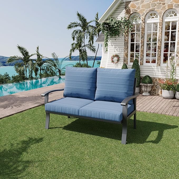 HOMREST Outdoor Loveseat Aluminum Patio Furniture Sofa, All-Weather Metal Outdoor Couch with Cushions, Blue