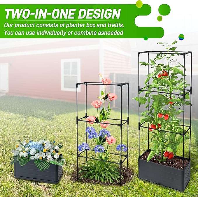 2 Packs Raised Garden Bed Tomato Planter Box with Trellis, 43.4" Self-Watering Tomato Cage with Rectangular Trellis for Climbing Plants, Flowers, Vegetables, Vine in Patio Garden Indoor Outdoor