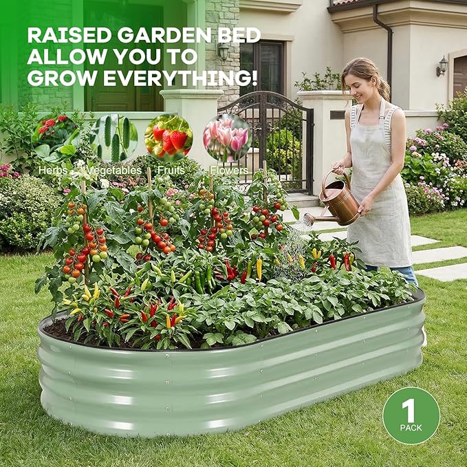 Galvanized Raised Garden Bed Outdoor, 6x3x1ft Oval Metal Raised Beds for Gardening, Rust-Resistant Garden Planter Box for Planting Vegetables, Flowers, Fruits in Backyard, Lawn(Avocado Green)
