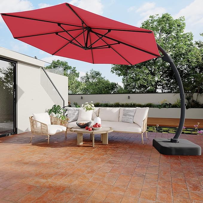 GarveeLife 11FT Cantilever Patio Umbrella With Base Included, Cantilevers Outdoor Umbrella Heavy Duty Offset, Aluminium Curved Cantilever Umbrella