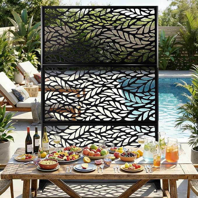 VINGLI Privacy Fence Panels, 72H’’ x 47W’’ Metal Privacy Screen Freestanding, Decorative Privacy Panels for Patio Garden Pool, Outdoor & Indoor (Leaf)