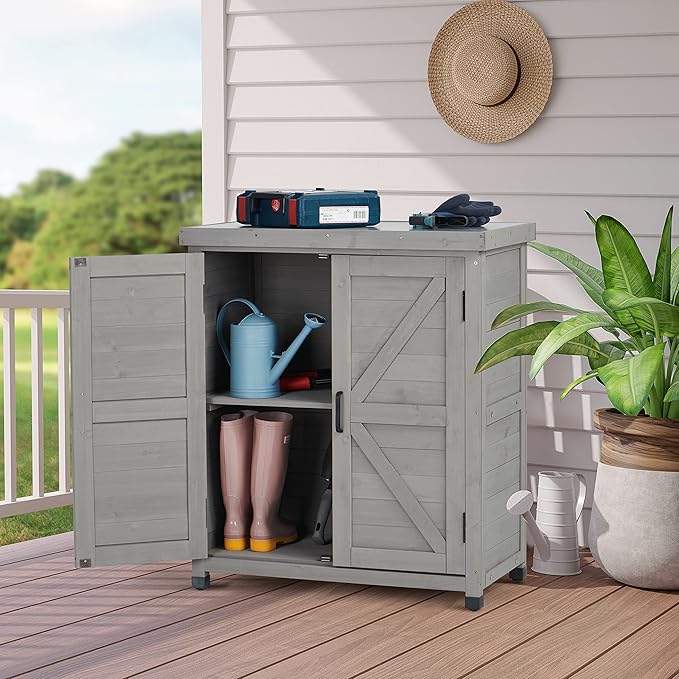 Outdoor Potting Bench with Storage Cabinet and Metal Top, Wood Workstation for Outdoor Patio, Garden (Dark Grey, 31x17x36‘’)