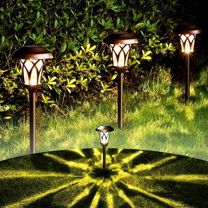 GIGALUMI 6 Pack Solar Pathway Lights Outdoor, Metal Glass & ABS Solar Landscape Lights Waterproof IP65, Warm White Solar Powered Garden Lights for Yard Patio Walkway Driveway (Brown)