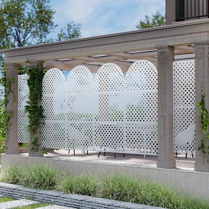 Casaphoria 72" H x 35" W Arched Metal Privacy Screen - Elegant Freestanding Outdoor Screen for Deck, Patio & Balcony - Versatile Decorative Privacy Panels for Home & Garden Use (White-Laurence)