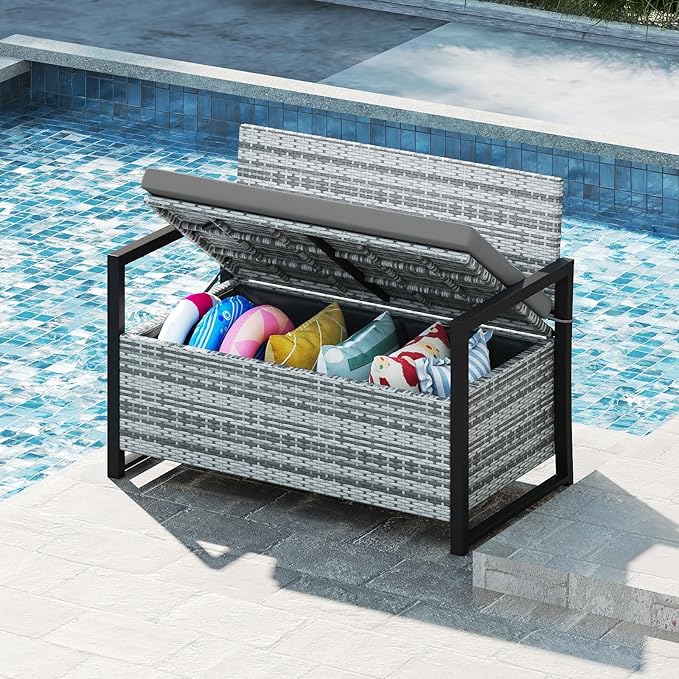 RELAX4LIFE Wicker Outdoor Bench with Storage - Rattan Deck Box w/Protective Liner for Pillows, Pool Supplies, Garden Tools, Patio Loveseat with Seat Cushion & Metal Armrests for Backyard Porch Balcony