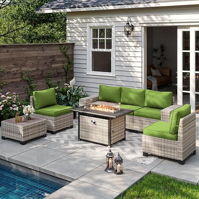 7-Piece Outdoor Patio Furniture Set with 55,000 BTU Fire Pit Table, PE Wicker Rattan Sectional Sofa Patio Conversation Set with Thickened Cushions & Coffee Table, Avocado Green