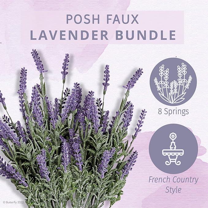 Butterfly Craze Lavender Flower Stems - Lifelike Outdoor Artificial Plants - DIY Crafts & Floral Picks - Planter Filler & Window Flower Box - Pack of 8, 14.5"-16.5" Violet & Green