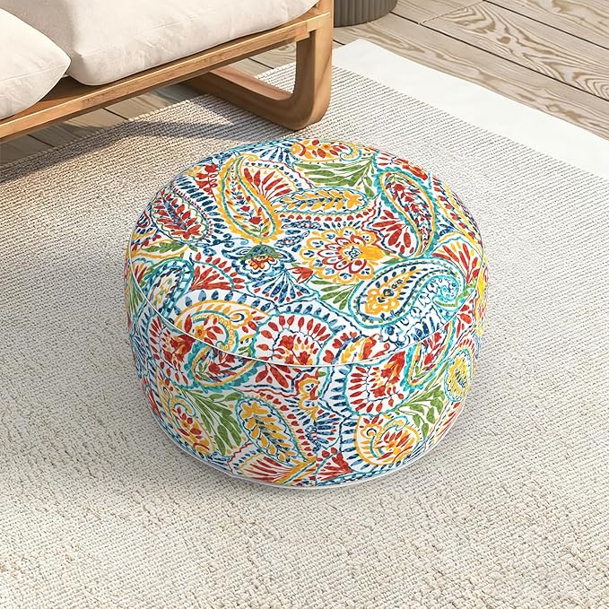 LVTXIII Indoor/Outdoor Extra Large Inflatable Ottoman Pouf D31 x H14 Inch, Round Footstool with Handle, Weather-Resistant Portable Furniture for Patio, Camping, Beach, Paisley Multi