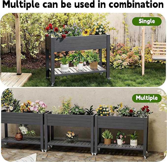 Elevated Raised Garden Bed with Legs, 33.66" Tall Self-Watering Resin Outdoor Planter Box with Storage Shelf, Drain Plug Water & Monitor for Plants Vegetables Flowers Fruits (Black)