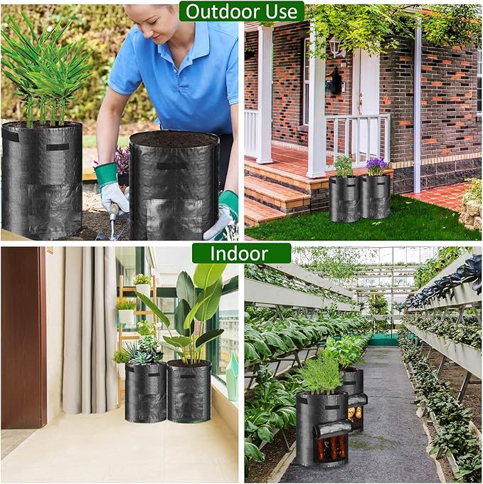 JJGoo Potato Grow Bags, 4 Pack 10 Gallon with Flap and Handles Planter Pots for Onion, Fruits, Tomato, Carrot - Black