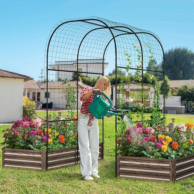 DoCred 3 in 1 Raised Garden Bed with 87in Tall Arch Trellis for Climbing Plants, Galvanized Planter Garden Box Outdoor for Gardening, Climbing Vegetables, Flower