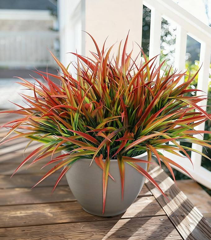 Ivydale 12Pcs Fake Plants Outdoor Artificial Plastic Grass Spring Decoration UV Resistant Faux Greenery Stems Bushes Outside Fake Plants for Planters Patio Porch Window Box Pathway Garden Home Decor