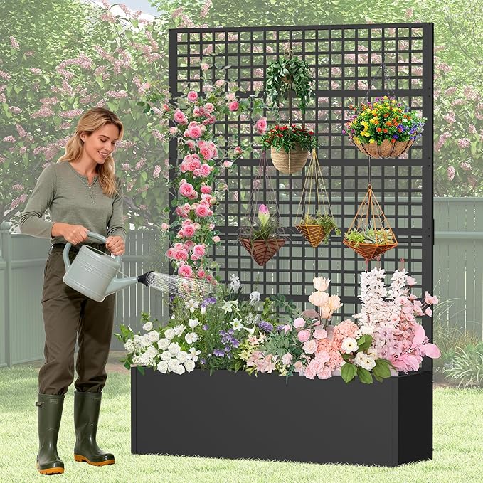 Metal Planter Box with Trellis 47" L x 16" W x 72" H, Raised Garden Bed with Privacy Screen, Privacy Planters for Climbing Plants, Flowers, Vegetables, Fruits