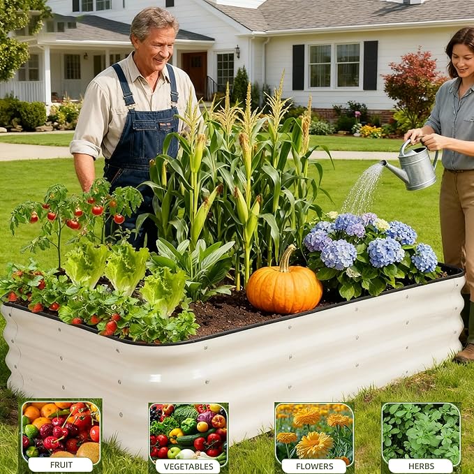 GoCampDriect 4IN1 Raised Garden Bed - 5x3x1ft Galvanized Raised Garden Boxes Outdoor Corrosion Resistant | Variable Shape 6x2x1ft Metal Raised Garden Beds for Planting Vegetable, Herb,Fruits,White