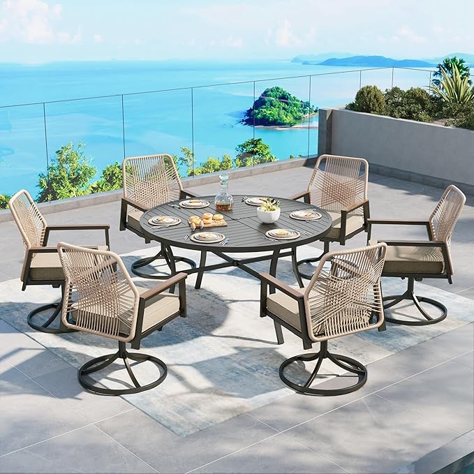 Patio Dining Set 7 Piece, 6 x Woven Rattan Swivel Chairs with Waterproof Cushion, 54” Metal Round Dining Table with Umbrella Hole, Outdoor Table and Chairs Set for Backyard Lawn and Deck,Beige