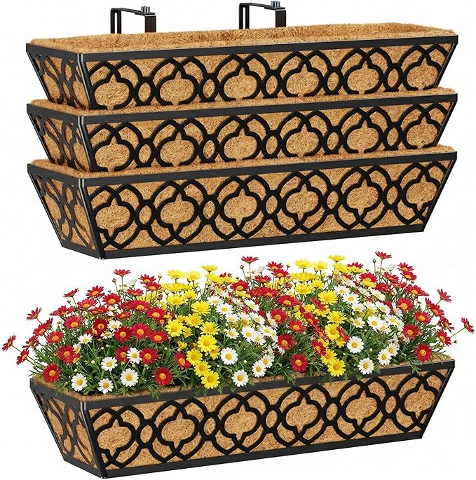 Y&M Flower Boxes for Deck Railings 24inch 4packs, Deck Railing Planter Boxes with Coir Liner Outdoor Railing Window Boxes Planters Hanging Planter Flower Box