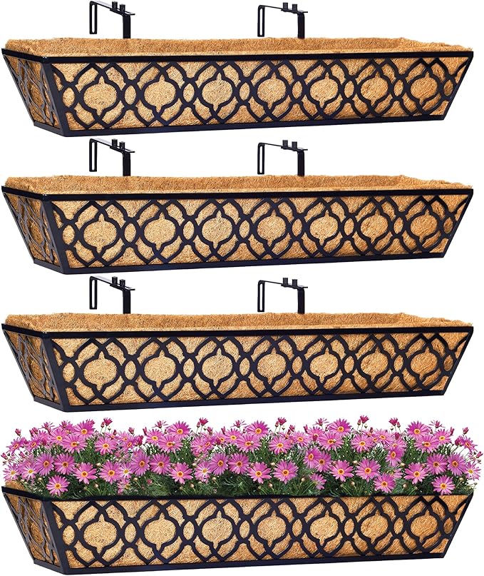 4pcs 30 Inch Window Deck with Coco Liner, 30" Window Boxes Horse Trough with Coconut Coir Liner, Metal Hanging Flower Planter Basket Deck Railing Planter Boxes for Outdoor Indoor Lawn