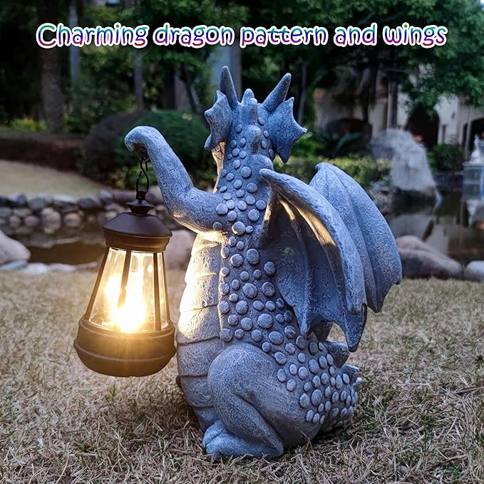Solar Dragon Garden Statue Decoration with Solar Lantern,Dragon Figurine Lights Outdoor Décor for Yard，Lawn ,Patio, Balcony, Unique Housewarming Ornament
