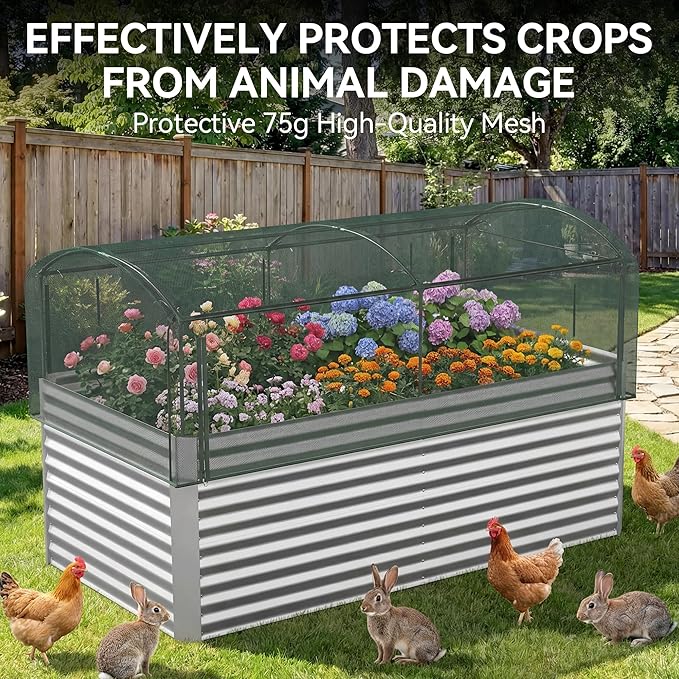 8x4x3 ft Tall Galvanized Raised Garden Bed with Self-Watering System, Elevated Planter Boxes Outdoor with Mesh Cover, Rectangular Deep Raised Beds for Gardening,Vegetables,Flower, Backyard, Patio