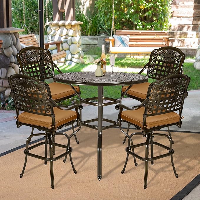 VIVIJASON 5-Piece Outdoor Swivel Bar Stools Set, All Weather Cast Aluminum Patio Bar Height Bistro Set with 4 Cushioned Bar Chairs & 38.5" High Bar Table w/Umbrella Hole for Backyard, Lawn, Garden