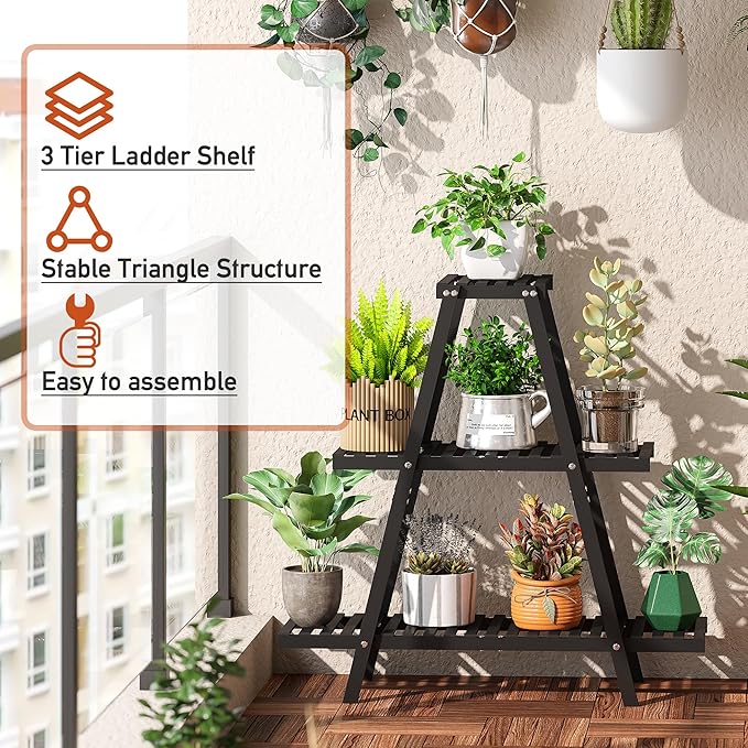 GHWIE Plant Stand Indoor Plant Shelf Outdoor bamboo Plant Rack, 3 Tiers Ladder Plant Holder Flower Stand for Living Room Balcony Garden Patio,Living Room Boho Home Decor for Gardening Gifts (Black)