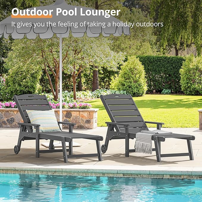 LUE BONA Outdoor Chaise Lounge, HDPS Chaise Lounger, 5 Positions Adjustable Lounge Chairs, Pool Lounge Chair with Wheels for Poolside, Backyard, Dark Gray