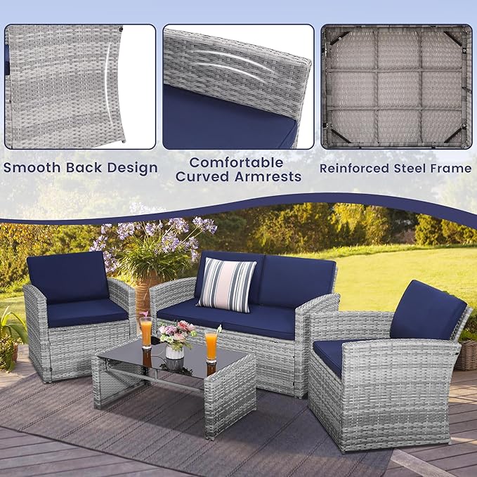 4-Piece Patio Furniture Set, Wicker Outdoor Rattan Sectional Sofa with Cushions and Glass Table, All-Weather Outdoor Conversation Set, Ideal for Garden, Porch, Backyard, Navy