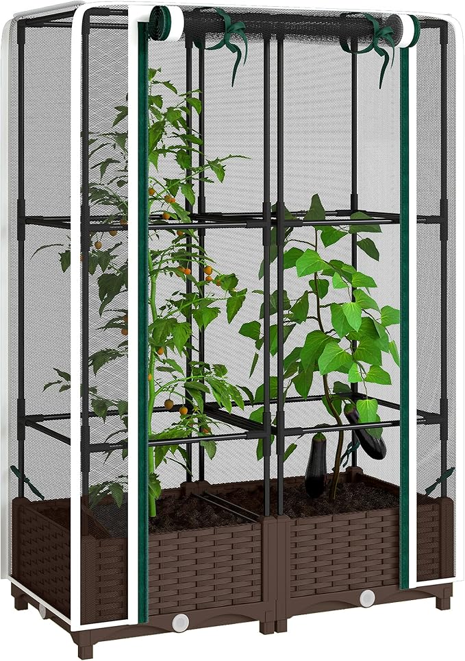 Outsunny Raised Garden Bed with Trellis, 46.5" Tomato Cage with Crop Cage, Self Watering Planter Box with Drainage Holes and Plugs for Outdoor Patio Climbing Plants, Vines, Vegetables, Flowers, White