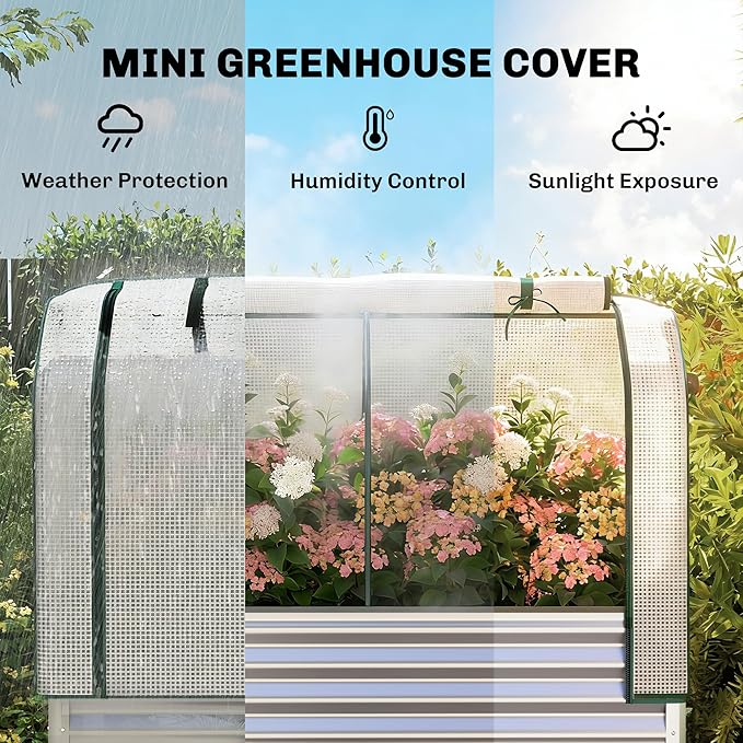 Outsunny Galvanised Raised Garden Bed with Greenhouse Cover, Metal Elevated Garden Bed with Legs, Bed Liner and Bottom Shelf, Outdoor Raised Planter Box for Vegetables, Herbs, Flowers, Silver