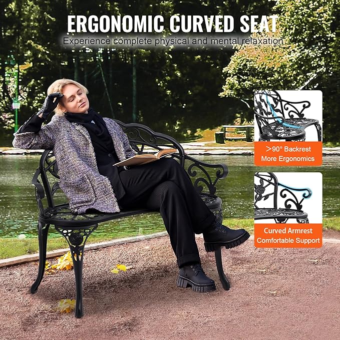 VEVOR 480 lbs Load Capacity, 38.8 inches Metal, Outdoor Backrest and Armrests, Patio Bench for Garden, Park, Yard, Front Porch, Black