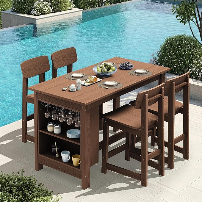 SERWALL 10-Piece HDPE Counter Height Dining Table Sets with Storage and Wine Rack, 2 Rectangular Bar Table with Bar Stools Set of 8 for Garden, Backyard, Kitchen, Brown