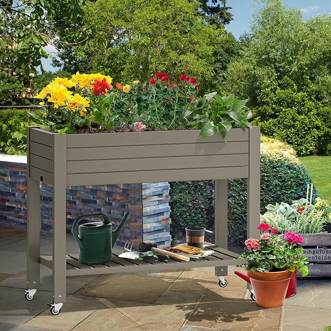 YITAHOME 43.3x17.7x34 in Elevated Garden Bed 2pcs, Outdoor Plastic Planter Box with Wheels, Legs, Drain Plug, and Storage Shelf for Plants, Vegetables, Flowers, Herbs, Light Brown