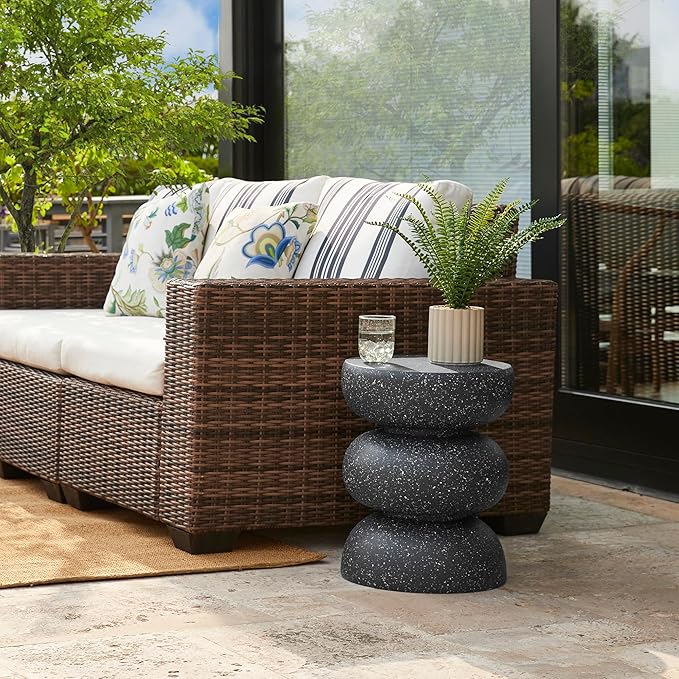 Glitzhome Outdoor Side Table Set of 2, 18" H Decorative Garden Stool MgO Faux Terrazzo End Table, Heavy Duty Indoor Outdoor Round Planter Stand for Living Room Bedroom Patio Deck Poolside,Black