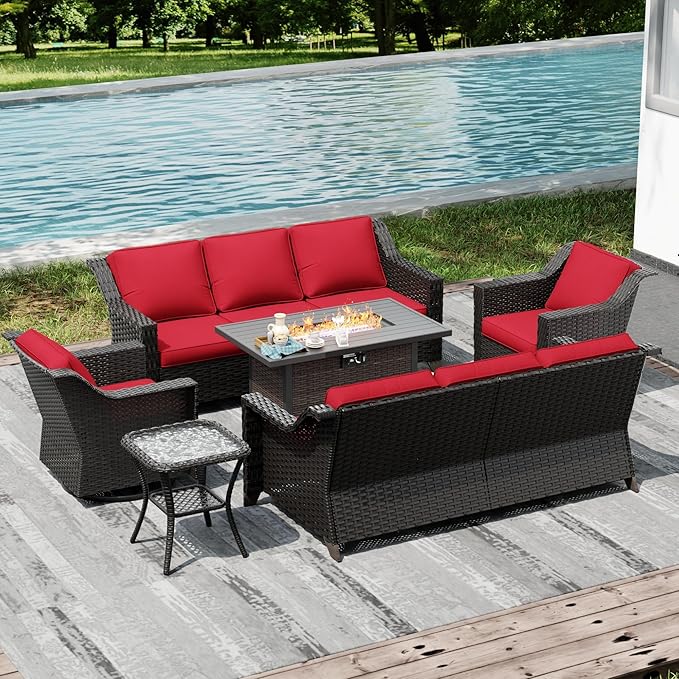 Joyside Wicker Patio Furniture Sets, 6 Pieces Upgraded Large Size Outdoor Furniture with Swivel Rocking Patio Chairs, Two 3-Seat Sofa, Fire Table, Coffee Table, Thick Cushions, Wide Armrest, Red