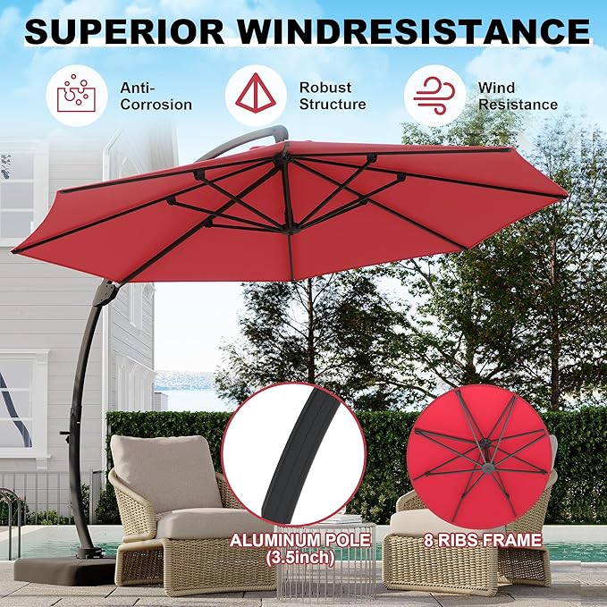 GarveeLife 11FT Cantilever Patio Umbrella With Base Included, Cantilevers Outdoor Umbrella Heavy Duty Offset, Aluminium Curved Cantilever Umbrella